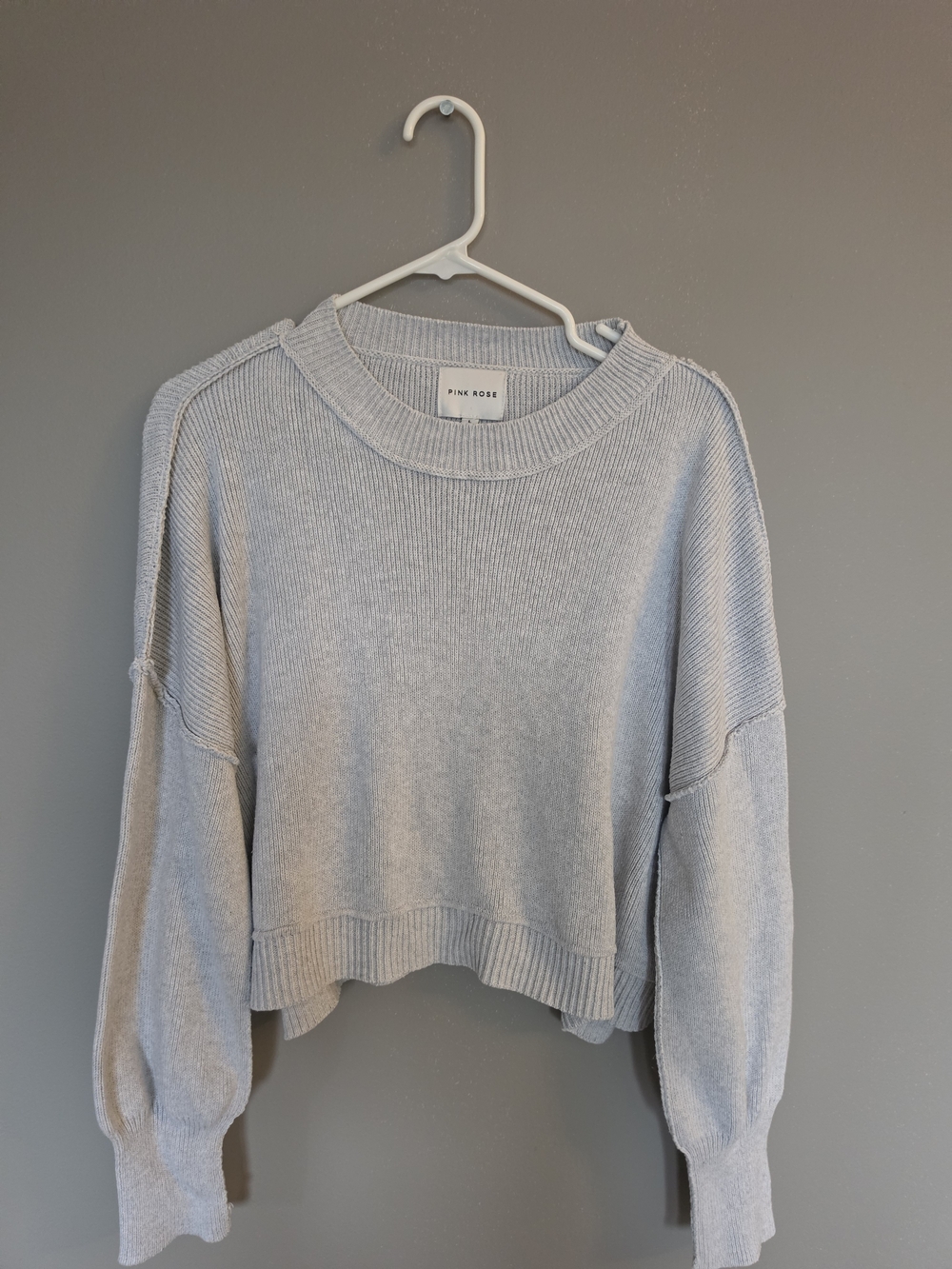 Pink Rose Heather Gray Ribbed Cropped Crewneck Sweater